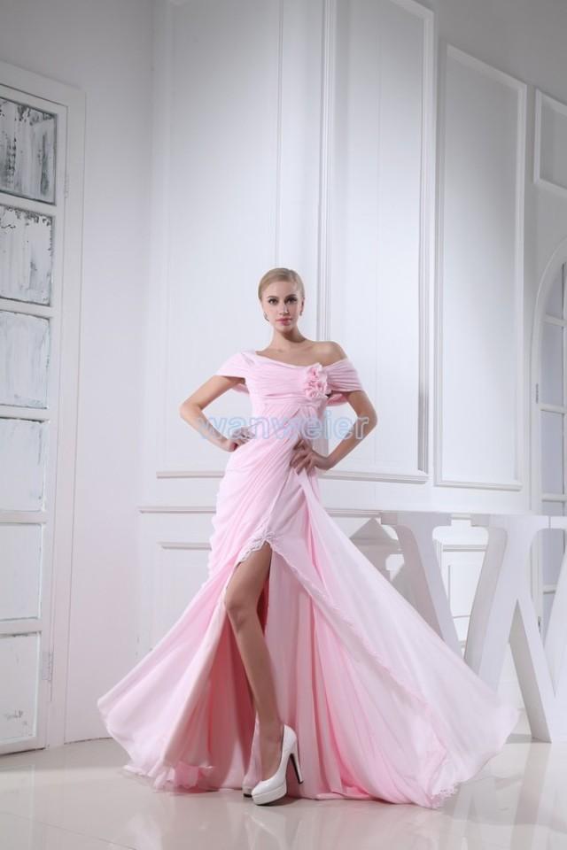 wedding photo - Find Your Sheath V-neck Pink Chiffon Train Evening Dress With Flowers And Shirring(Zj6979) Here