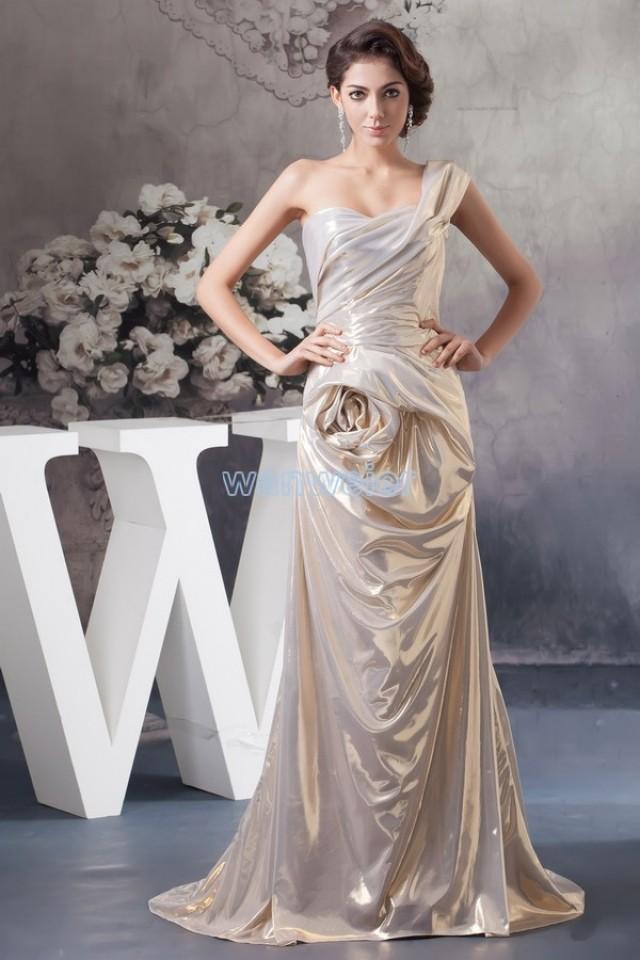 wedding photo - Find Your One-shoulder Train Taffeta Sheath Champagne Evening Dress With Flower And Shirring(Zj6534) Here ,Wanweier Evening Dresses - A perfect moment for you.