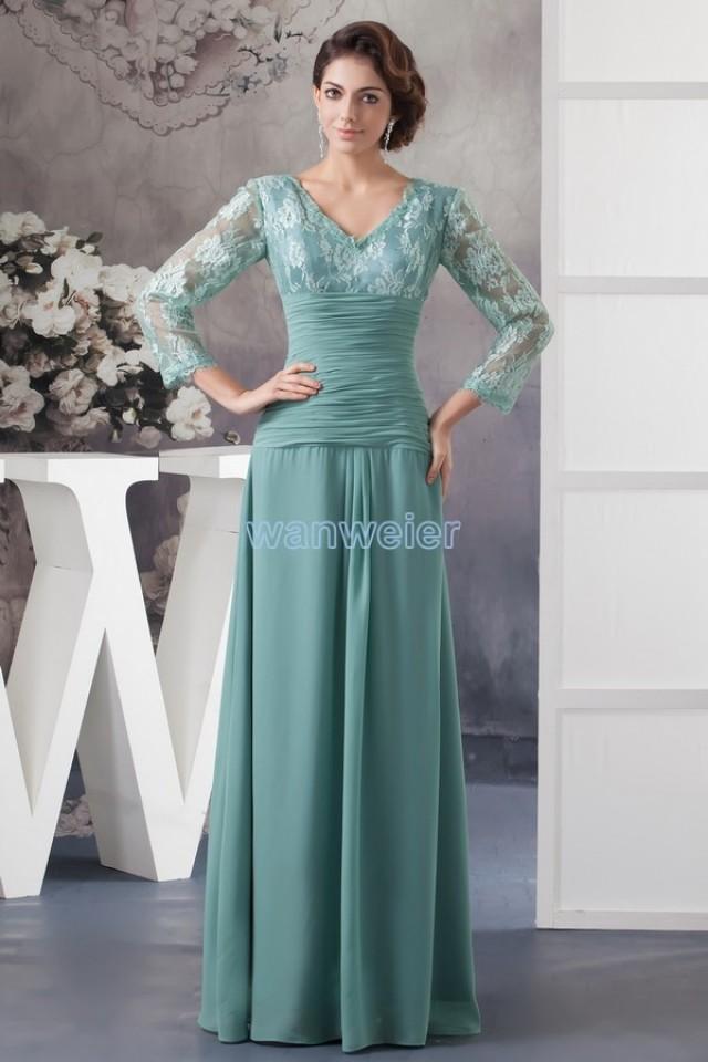 wedding photo - Find Your Sleeves V-neck Green Floor Length Plus Size Chiffon Evening Dress In Lace With Shirring(Zj6545) Here ,Wanweier Evening Dresses - A perfect moment for you.