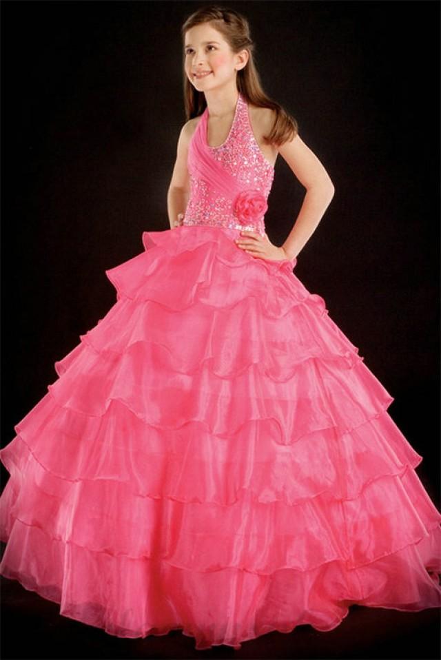 wedding photo - A line Halter Rosette Beading Organza Girl Red Pageant Dress
