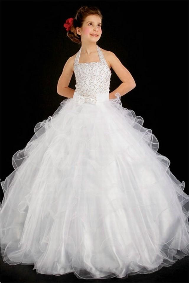 wedding photo - A line Halter Organza White Beading Floor Length Girl Pageant Dress