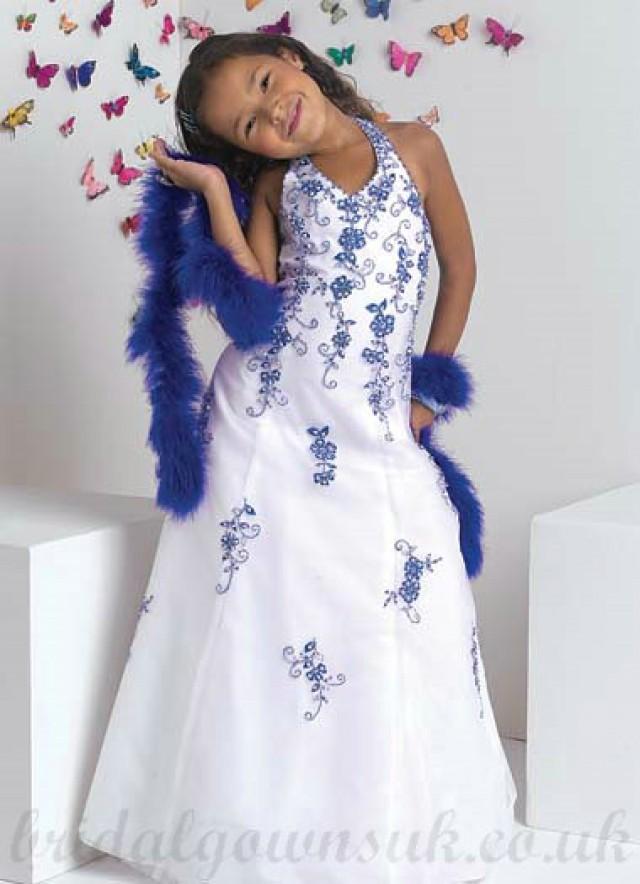 wedding photo - A line Halter White Blue Affordable Embroidery Satin Pageant Dress