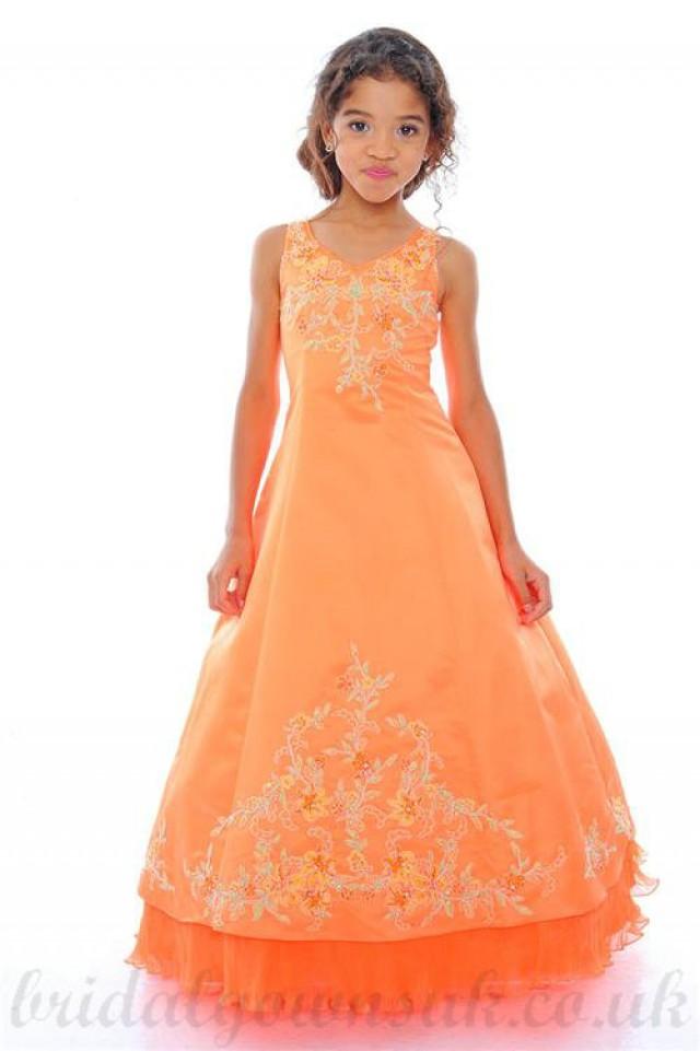 wedding photo - A line V Neck Embroidery Satin Orange Girl Cheap Pageant Dress