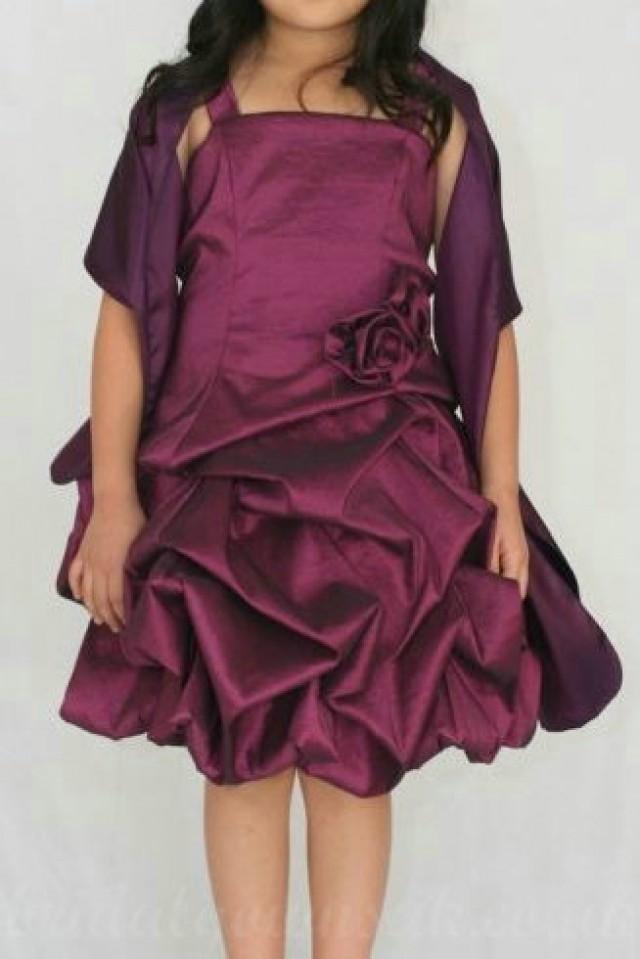 wedding photo - Burgundy And Red Satin Square Flower Trimed Perfect Girl Formal Dresses With Shawl