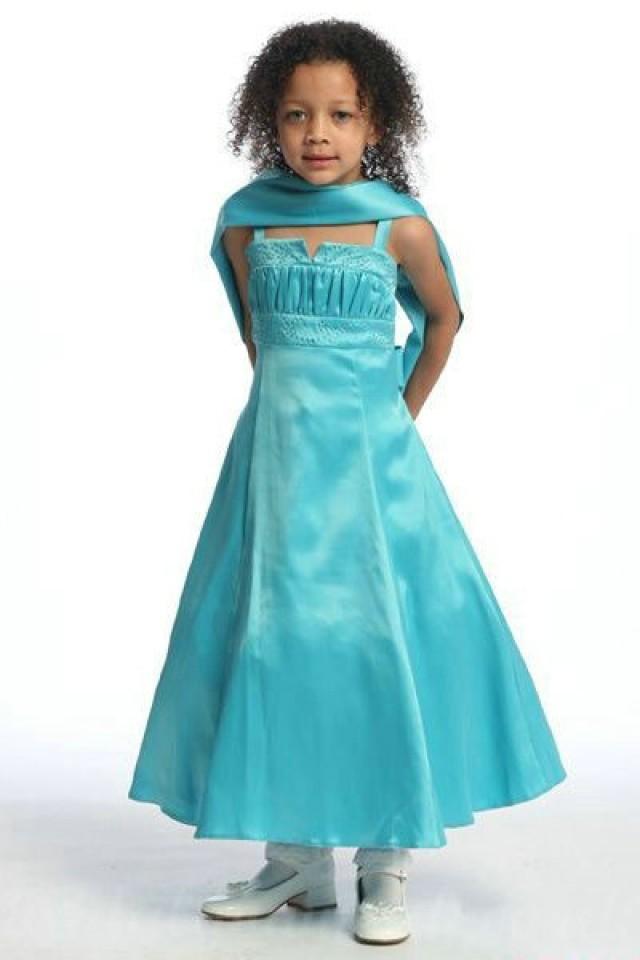 wedding photo - Blue Satin A Line Ruched Bow Back Fitted Square Shawl Matching Junor Pageant Dress