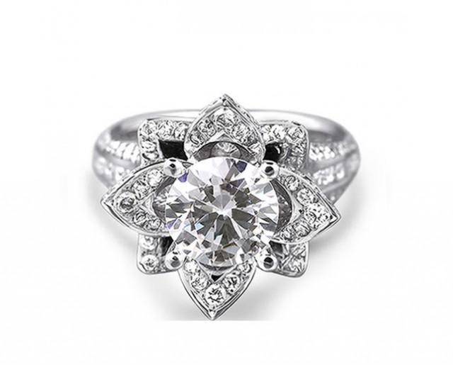 wedding photo - 14K White Gold Flower in Pave Diamond Engagement Ring