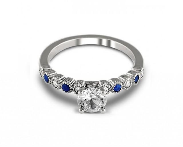 wedding photo - 14K White Gold Anastasia Engagement Sapphire and Diamond Ring