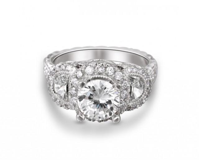 wedding photo - Platinum Half-Moon Milgrain Halo Pave Diamond Engagement Ring