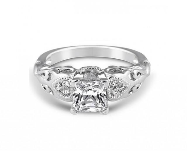 wedding photo - 14K White Gold Vintage Inspired Solitaire Engagement Ring
