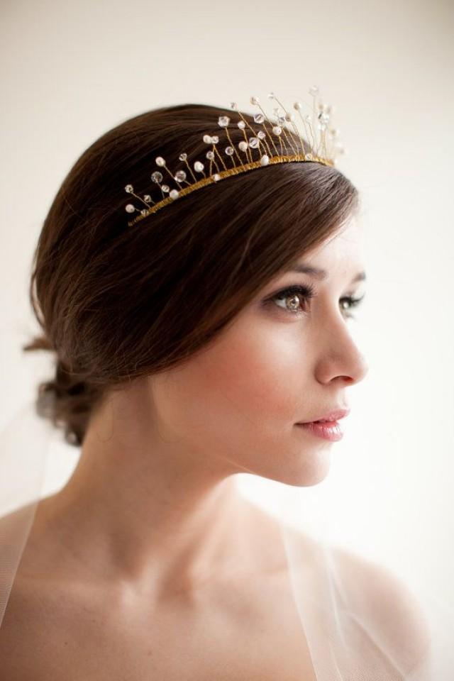 wedding photo - Tiara, Bridal Crown, Wired Crystal And Pearl Crown, Wedding Tiara - Celeste MADE TO ORDER