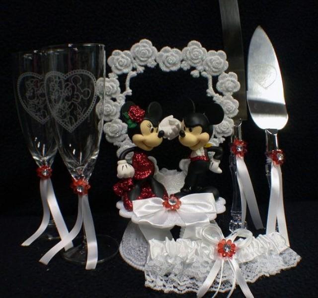 Mickey & Minnie Mouse Wedding Cake Topper LOT Glasses Knife Set, Garter DISNEY Red