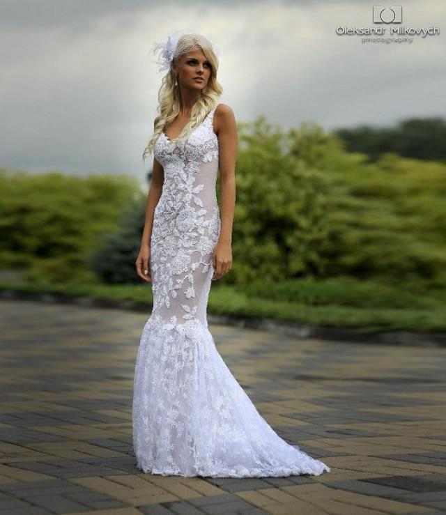 Lace Long Wedding Dress With Puddle Train Tulle Wedding Dress