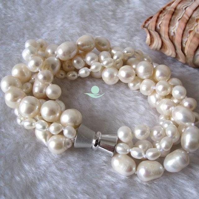 Pearl Bracelet - 7-8 Inches 4-10mm 4 Row White Freshwater Pearl Bracelet - Free Shipping
