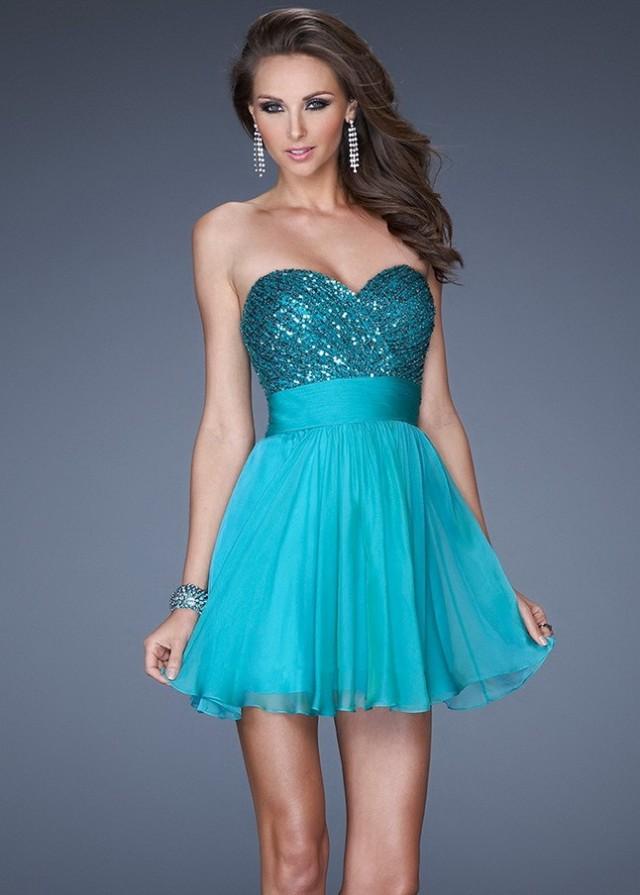 wedding photo - Short Peacock Sequined Strapless Bodice Homecoming Dress