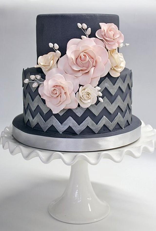 wedding photo - A Blue Wedding Cake With Silver Chevron - - Two-Tiers With Pink Flowers By Coco Paloma Desserts