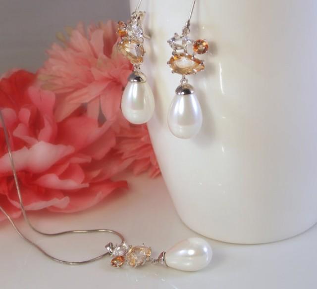 wedding photo - Wedding bridal jewelry set necklace earrings with Pearl Sterling Silver earrings with Precious Stones