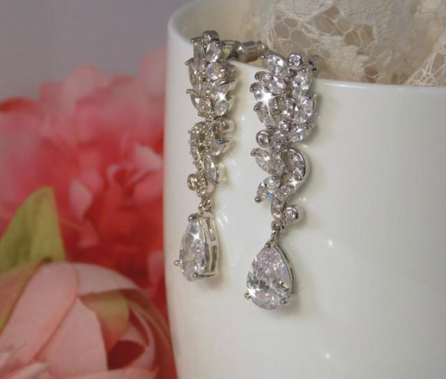 wedding photo - Dangle Bridal Earrings, Sparkly Silver Clear CZ earrings , bridal earring , bridal Jewelry