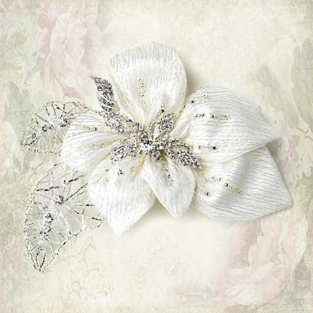 wedding photo - Rhinestone Flower hair clip - silver & Ivory Fabric Accented with Crystals and Bugle Beads