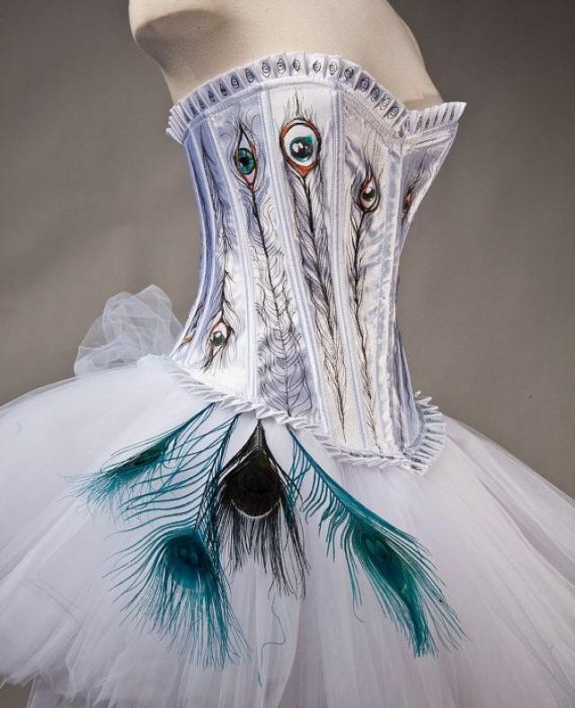 Size Medium Peacock Burlesque Corset Feather Dress OOAK With Artwork By