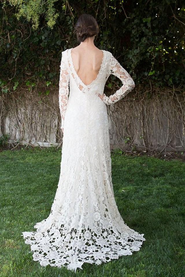 Low Back Bohemian Wedding Dress. Crochet Lace Dress. Long Sleeves