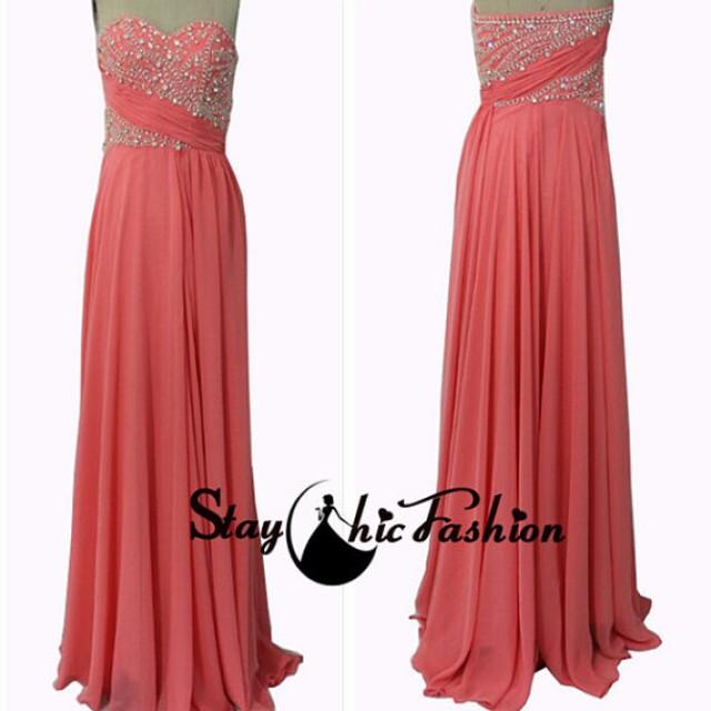 wedding photo - 2014 Coral Long Jewels Crystal Beaded Sweetheart Ruched Prom Dress Sale