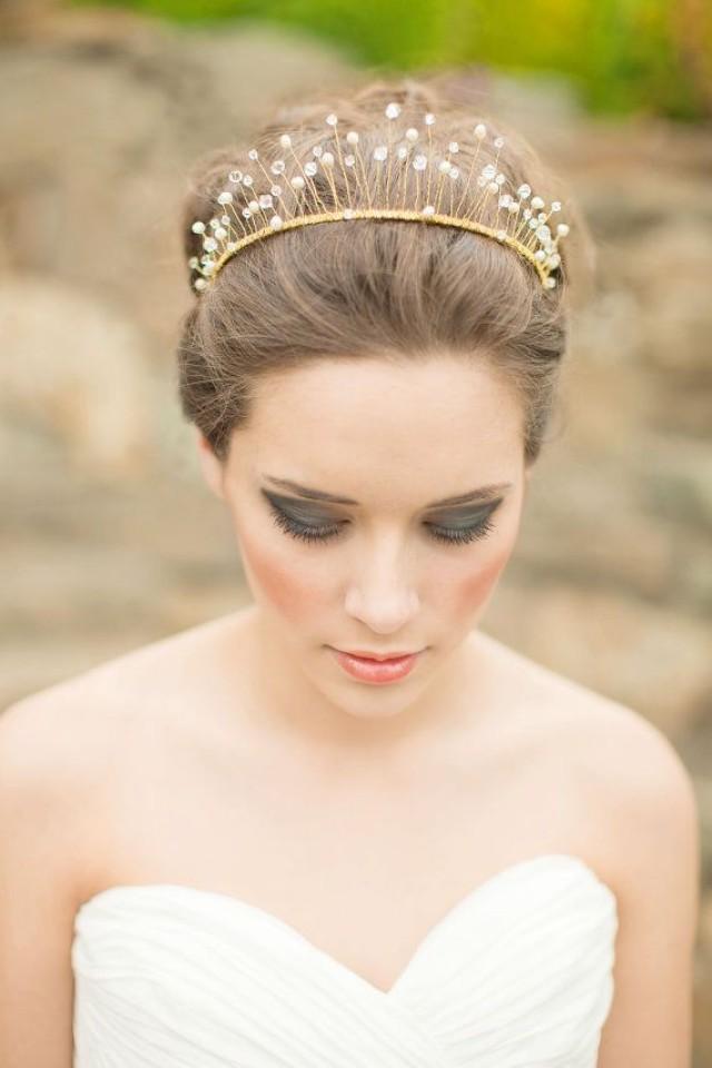 wedding photo - Tiara, Bridal Crown, Wired Crystal And Pearl Crown, Wedding Tiara - Celeste MADE TO ORDER