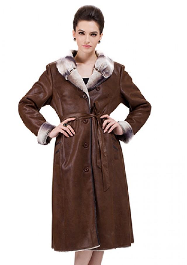 wedding photo - Brown suede with faux chinchilla fur long suede coat