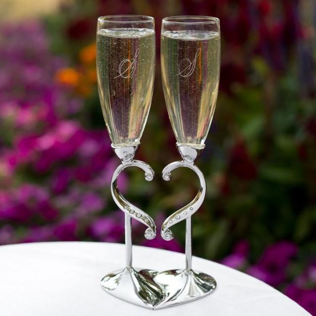 wedding photo - Linked Love Wedding Toasting Flutes Glasses W/ Heart Stand Can Be Personalized