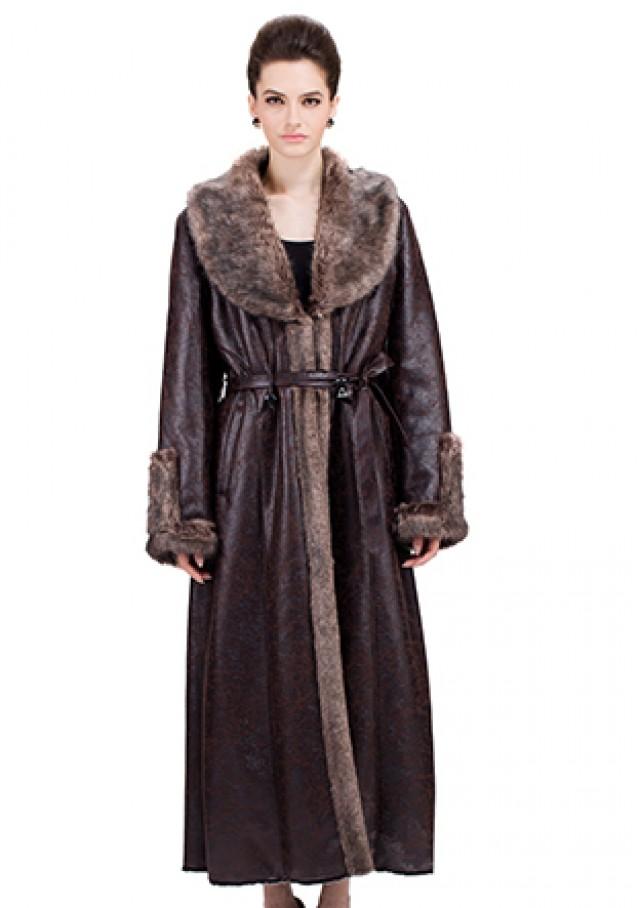 wedding photo - Dark faux brown suede with mink fur women full length coat