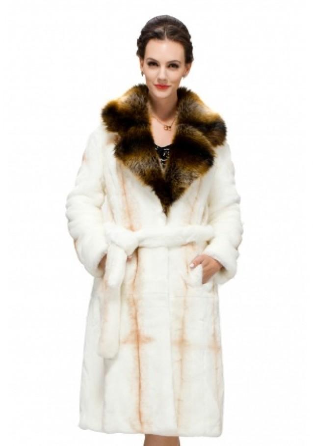 wedding photo - White Faux Fox Fur With Brown Chinchilla fur Collar Knee Length Coat
