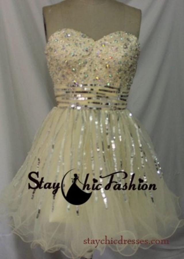 wedding photo - Champagne Short Beaded Top Striped Sequined Sparkly Prom Party Dress