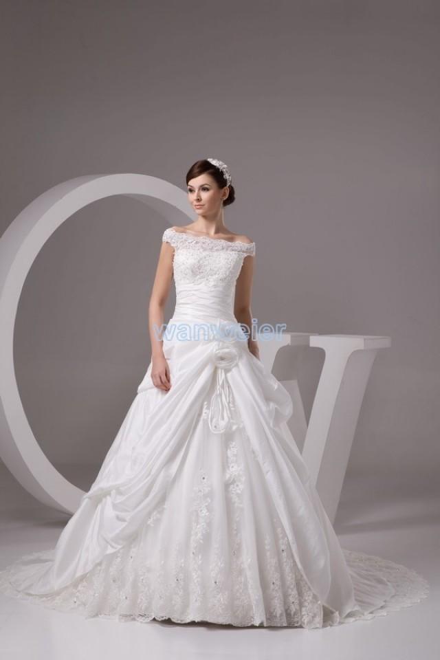wedding photo - Strapless Floor Length White A-line Taffeta Wedding Dress With Flowers