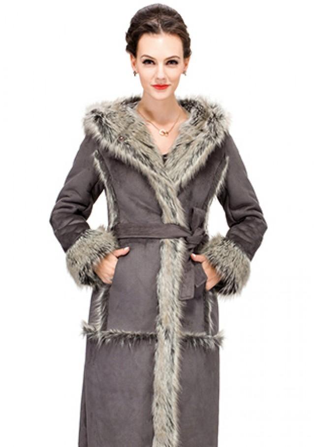 wedding photo - Gray faux suede with fox fur women full length coat