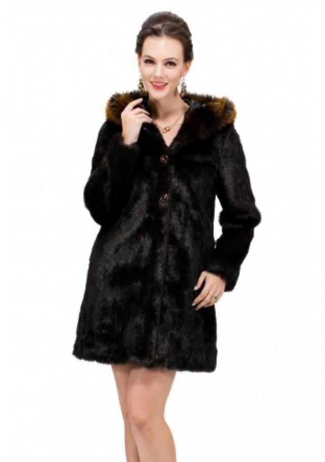 wedding photo - Faux black mink fur with bunny fur hat middle fur coat