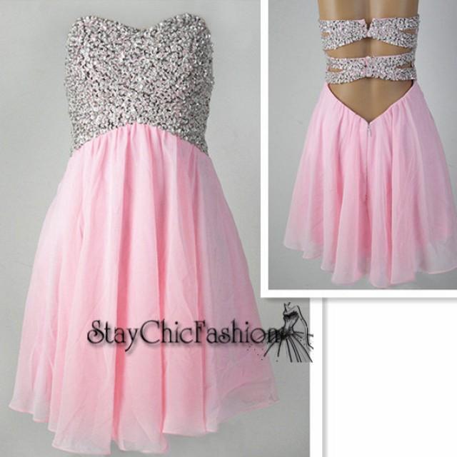 wedding photo - Sparkly Top Pink Short Open Back Chiffon Prom Dress for Junior