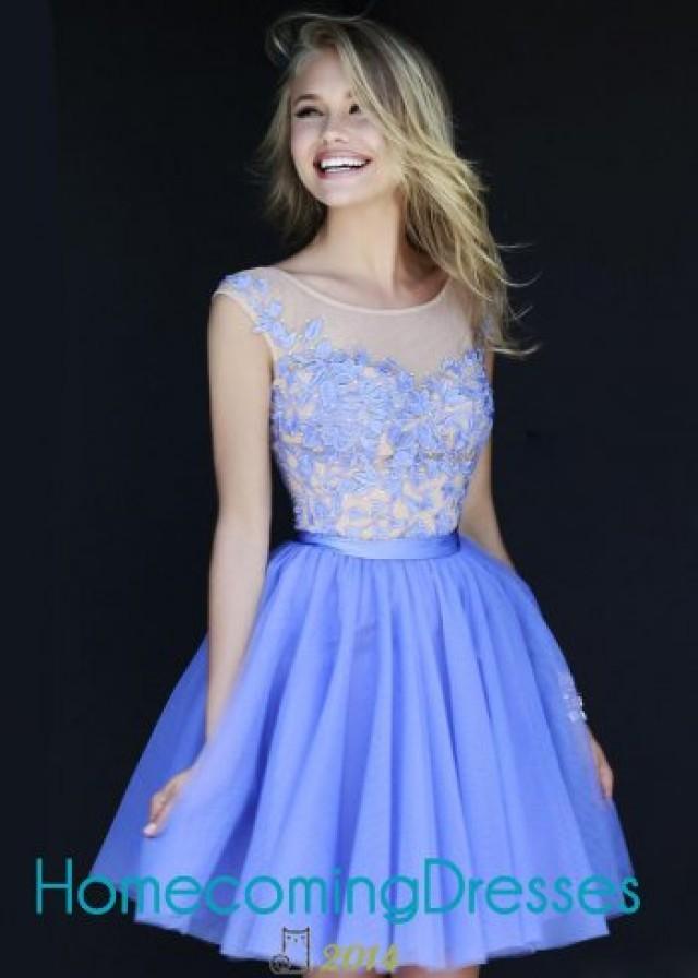 wedding photo - 2014 Periwinkle Short Sheer Neck Floral Embroidery Party Dress