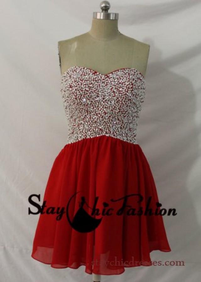 wedding photo - Red Short Sequin Beaded Top Open Back Chiffon Homecoming Dress 2014