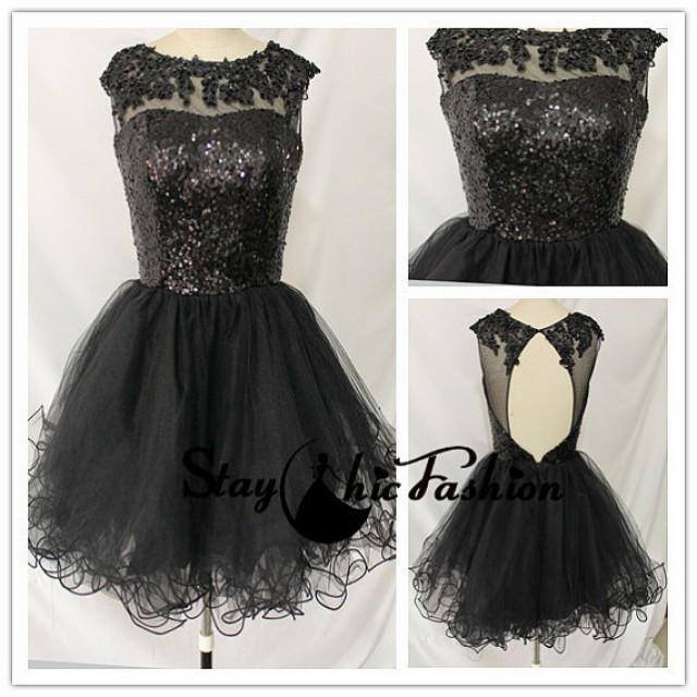 wedding photo - Black Sequined Top Lace Applique Sheer Neck Ruched Open Back Prom Dress