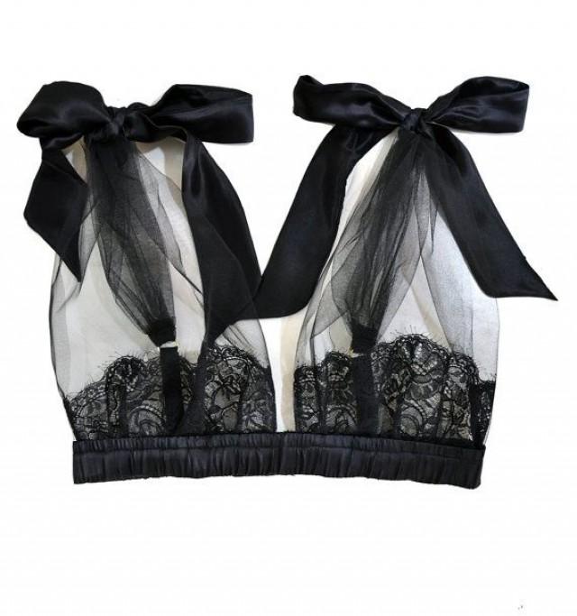 wedding photo - BELLE Black Grecian Tulle Bra With Silk Satin Bows - Black Sleepwear Lingerie