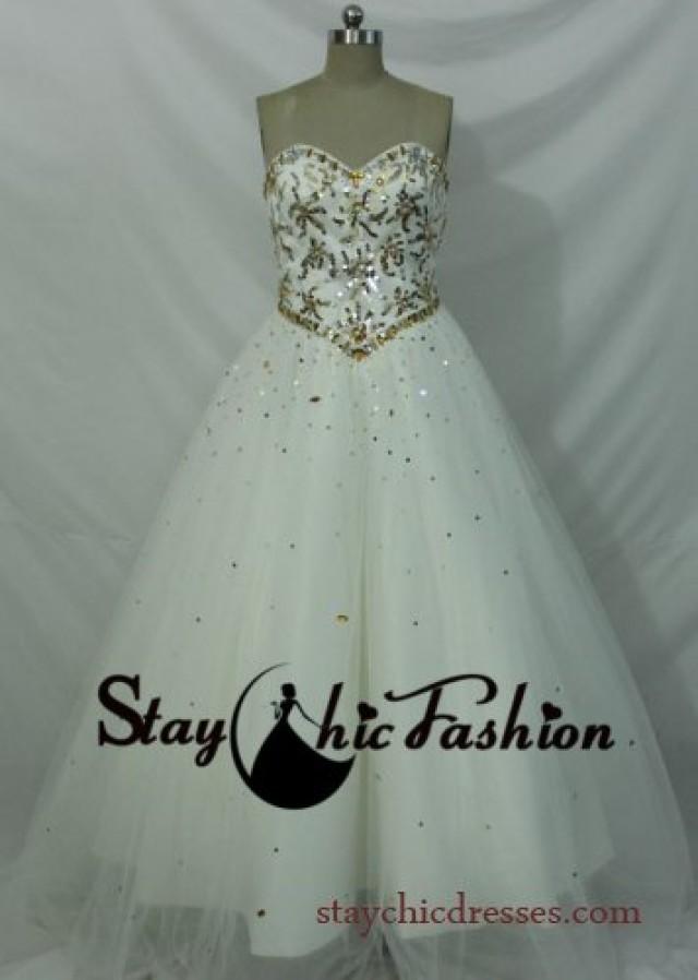 wedding photo - Elegant Ivory White Strapless Beading Top Lace Up Back Quinceanera Ball Gown