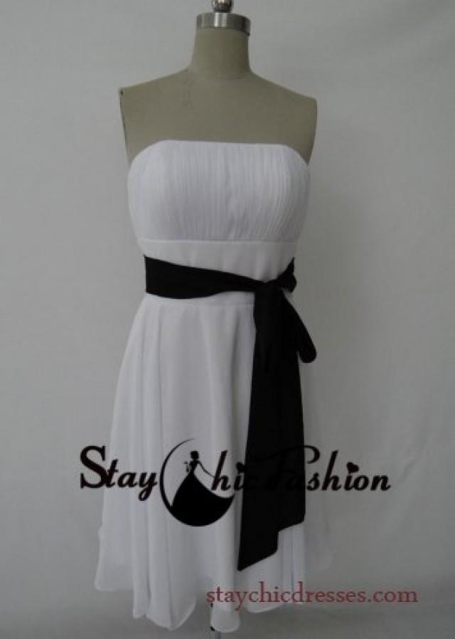 wedding photo - White Short Strapless Ruched Top Bridesmaid Dress with Black Waistband