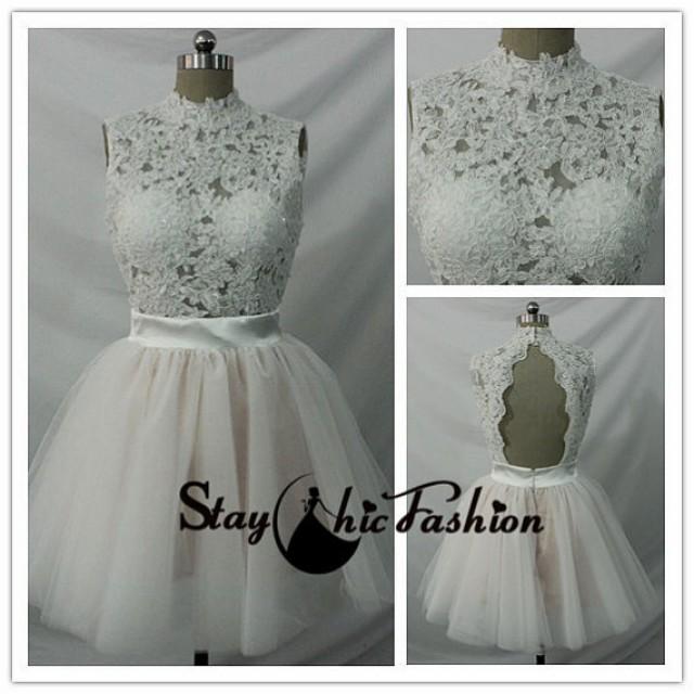 wedding photo - White Floral Beaded Lace Top High Neck Open Back Short Prom Dress Sale