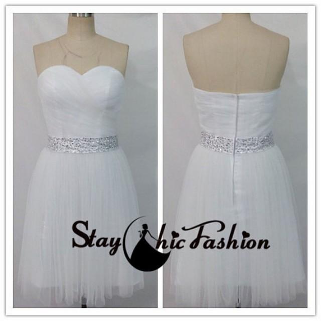 wedding photo - Short White Sequined Waist Ruched Top Strapless Pleated Bridesmaid Dress