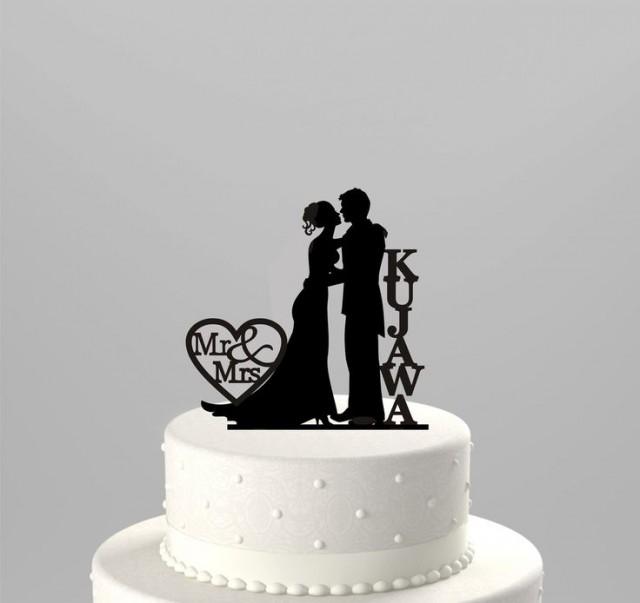 wedding photo - Wedding Cake Topper Silhouette Couple Mr & Mrs Personalized With Last Name, Acrylic Cake Topper [CT43n]