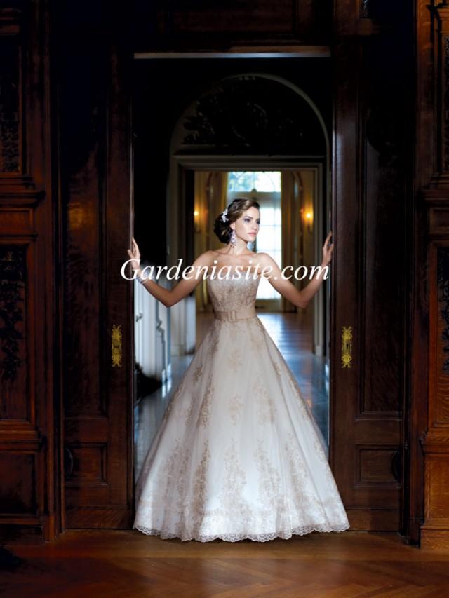 wedding photo - Ball Gown Strapless Court Train Belt Lace And Satin Wedding Dress 2014