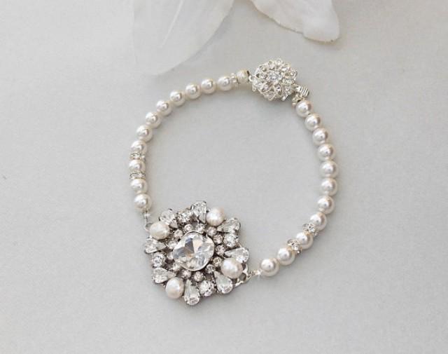 wedding photo - Wedding Bracelet, Pearl Bridal Bracelet, Swarovski Pearls, Rhinestone Bracelet, Crystal Bracelet, Art Deco Style Bracelet -VIOLET