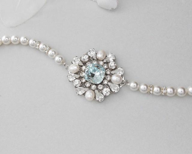 wedding photo - Pearl Bridal Bracelet, Wedding Pearl Bracelet, Swarovski Pearls, Rhinestone Bracelet, Vintage Style Bracelet, Something Blue - CAMILLA -