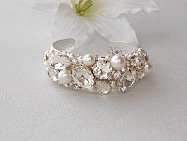 wedding photo - Wedding Bracelet - Bridal Bracelet, Pearl Cuff Bracelet, Crystal Bracelet, Swarovski Pearl Bracelet, Vintage Wedding Bracelet - CARRIE