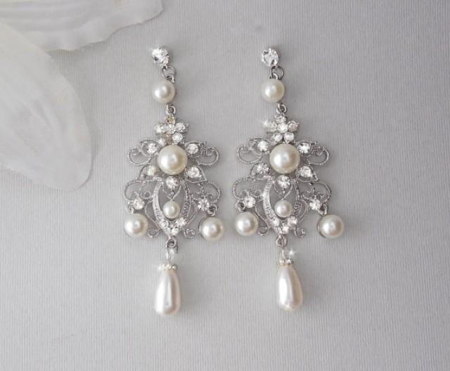 wedding photo - Bridal Earrings - Chandelier Earrings, Wedding Earrings, Swarovski Pearl Earrings, Vintage Wedding Earrings, Old Hollywood Glam - SADIE