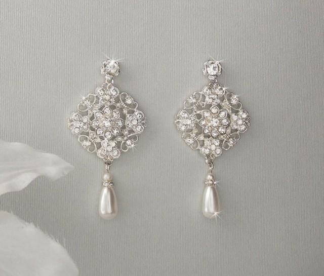 wedding photo - Bridal Earrings - Drop Pearl Wedding Earrings, Swarovski Dangle Earrings, Wedding Jewelry, Bridal Jewelry, Bridesmaid Earrings -LAURA